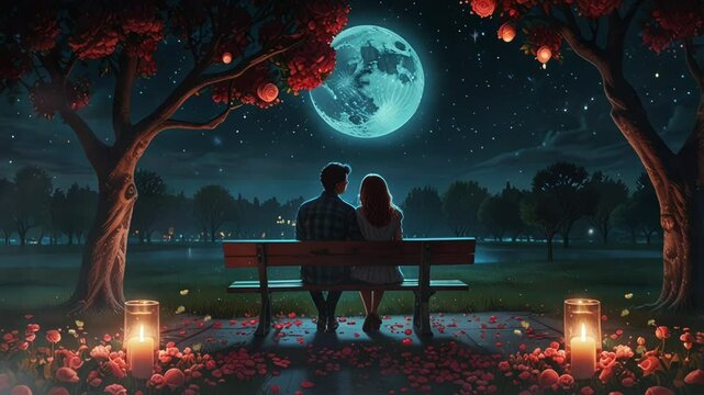 Valentine's Day, a couple sitting on a park bench under a tree at night with a full moon and stars. seamless looping 4k video background animation