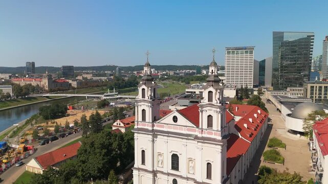 Drone view of the facade of church of St Raphael the Archangel on a sunny day in Vilnius, Lithuania