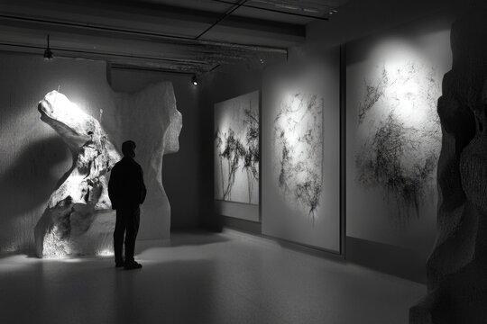 A person admiring art pieces on display