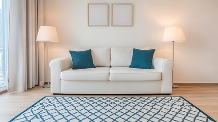 Serene Living Room Interior Design with White Sofa and Blue Accents
