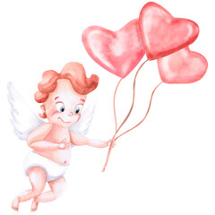 Floating angel with heart-shaped balloons. Isolated watercolor illustration for Valentine's Day decoration, children's parties, weddings, posters, fabric printing