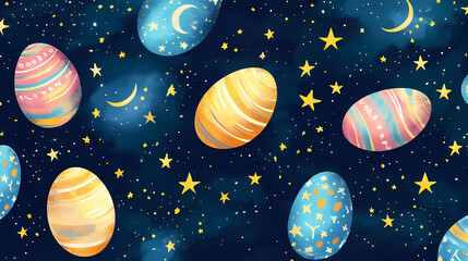 Seamless vector pattern with easter eggs, stars, and a moon against a night sky, perfect for holiday design or wallpaper. Nocturne. Illustration