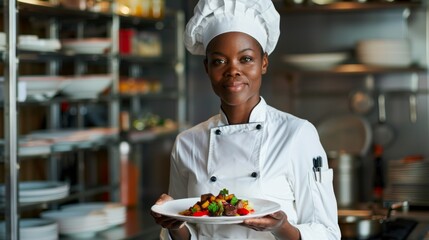 African american woman chef, wearing a white uniform, holds a plate of food in a restaurant kitchen