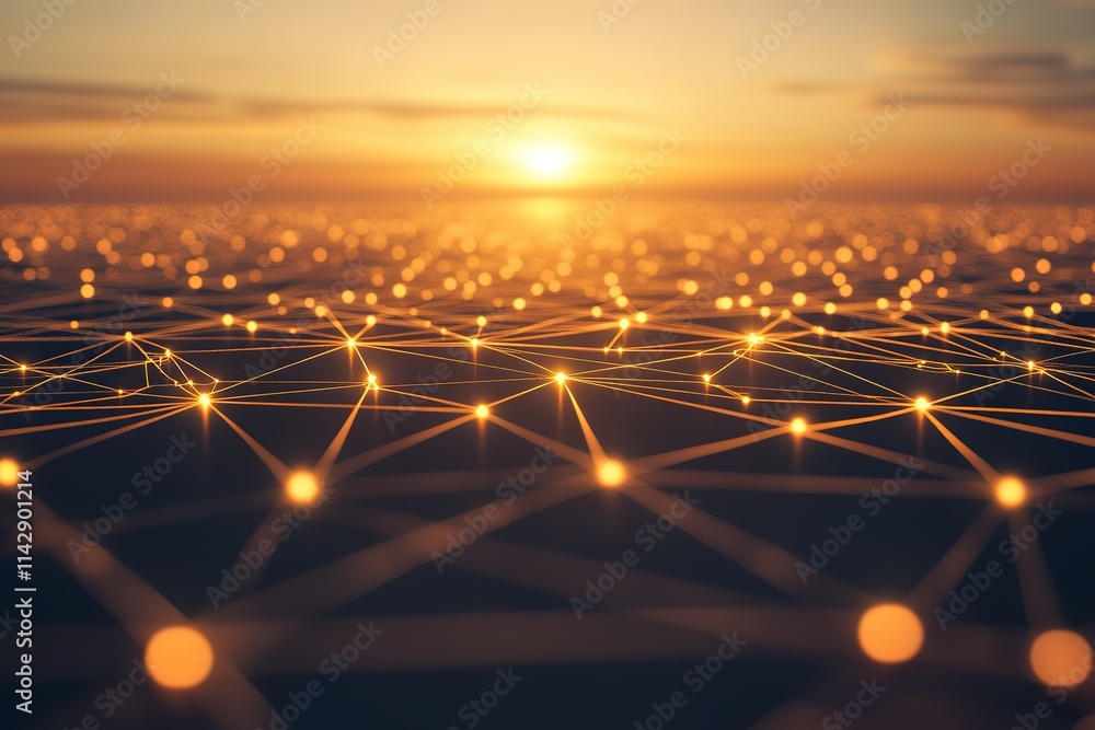 Poster a computer generated image of a sunset with a network of glowing dots