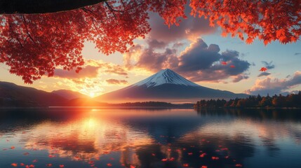 A serene landscape featuring Mount Fuji at sunset, framed by vibrant autumn leaves reflecting in...