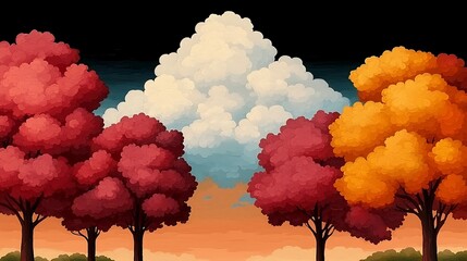 Autumnal Trio Under a Puffy Cloud Landscape