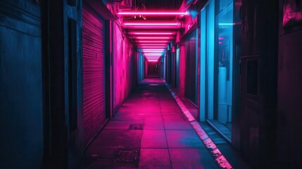 neo-noir cyberpunk city alley illuminated by pink and blue neon lights, casting dramatic shadows and reflections, creating a moody and futuristic urban atmosphere