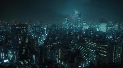 night view of a bustling modern city, high-rise buildings illuminated by city lights, reflecting a dynamic urban lifestyle, with a dark sky providing a dramatic backdrop