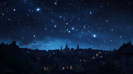 Silhouette of a city at night against a starry sky in 3d cartoon rendering dark blue universal sky with buildings and town elements. Nocturne. Illustration