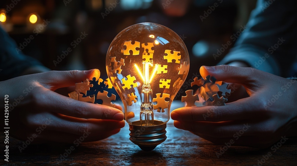 Poster A person holds a lightbulb containing puzzle pieces, a creative representation of problem-solving