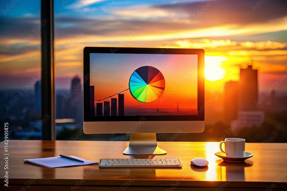 Poster silhouette desk computer monitor pie chart data visualization business analytics