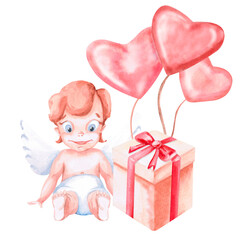 Sitting angel with balloons and gift box. Isolated watercolor illustration for Valentine's Day, children's parties, birthdays, posters, fabric printing