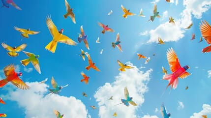 Birds filling the sky with bright colors in spring.