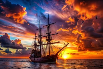 Obraz premium Silhouette Dawn Treader Ship - Majestic Sunrise Seascape Fantasy Art