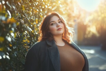 Plus size European confident smile woman with curly braun hair in city in summer day. Overweight female in casual clothes. photo