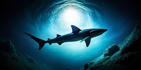 Silhouette Dogfish Shark, Ocean Predator, Underwater Wildlife, Dark Sea, Night Dive, Aquatic Life, Marine Animal Silhouette