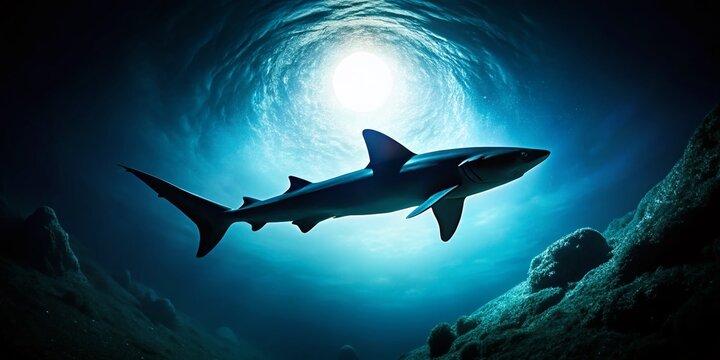 Silhouette Dogfish Shark, Ocean Predator, Underwater Wildlife, Dark Sea, Night Dive, Aquatic Life, Marine Animal Silhouette