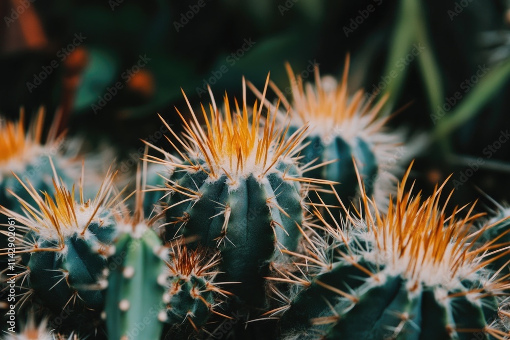 Poster close-up view of several cacti plants, highlighting their unique shapes and textures