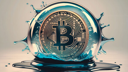 Bitcoin Coin Encased in a Splashing Transparent Bubble with a Futuristic Water Effect