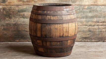 old wooden barrel set against a rustic background, showcasing aged wood textures and a sense of nostalgia, perfect for themes of traditional craftsmanship and heritage
