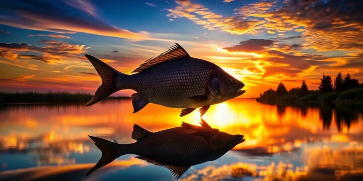 Silhouette Freshwater Bream Fish, Aquatic Life, Sunset, Lake, River, Pond, Fishing, Wildlife, Nature Photography, Dark Background, Black and White, Bream Silhouette, Fish Silhouette