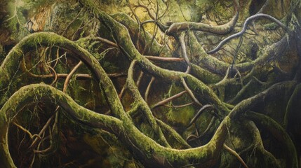Intricate, twisting underground root systems of deep green, earthy brown, and soft moss weave together, resembling a tangled organic web in a mysterious forest ecosystem teeming with life and energy.