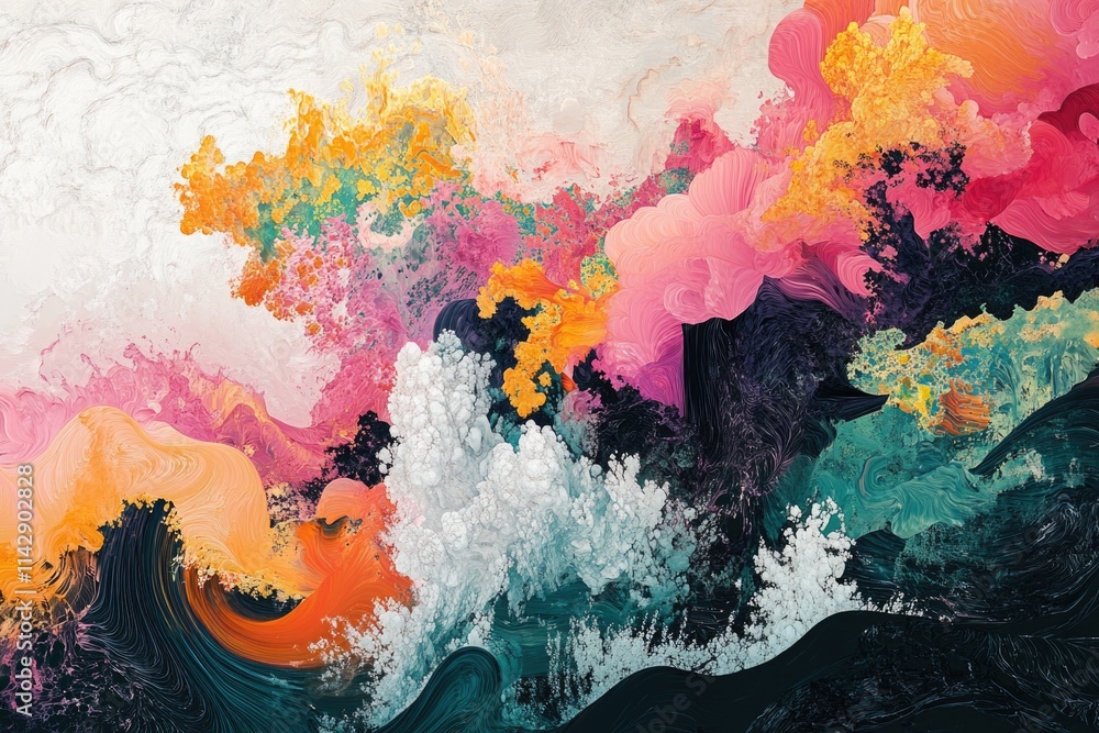 Poster an abstract art piece featuring a wave and colorful clouds