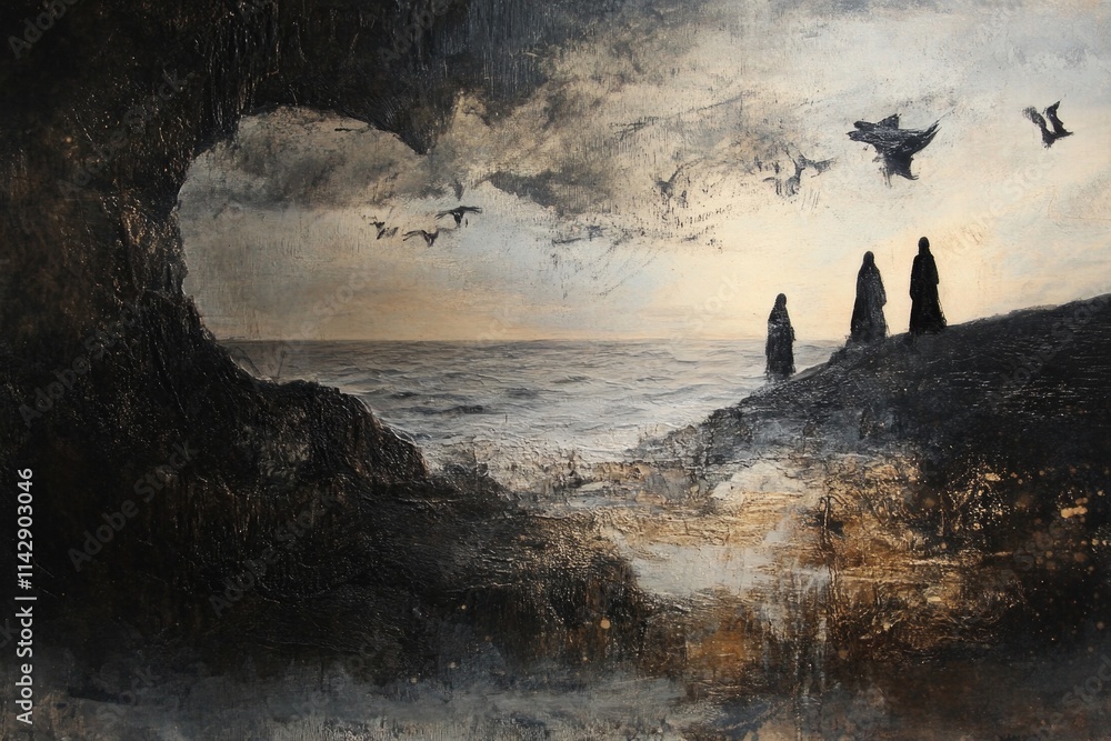 Poster group of people standing on the edge of a cliff, looking out at the view
