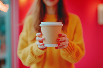 Warm coffee cup held by woman in bright yellow sweater against vibrant red background