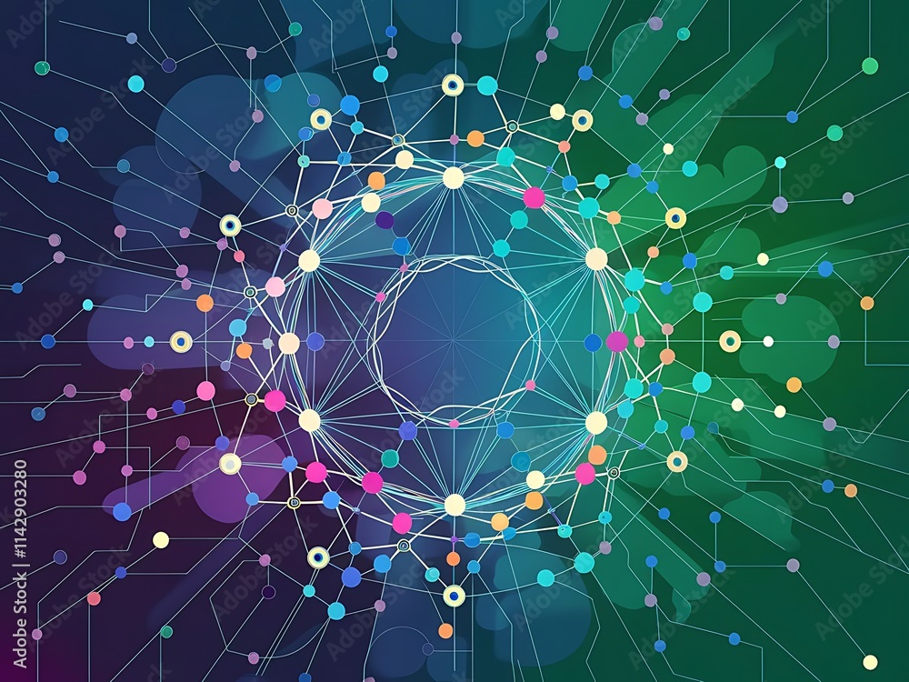 Poster flat style geometric abstract background round dots or circle connections on color background techno
