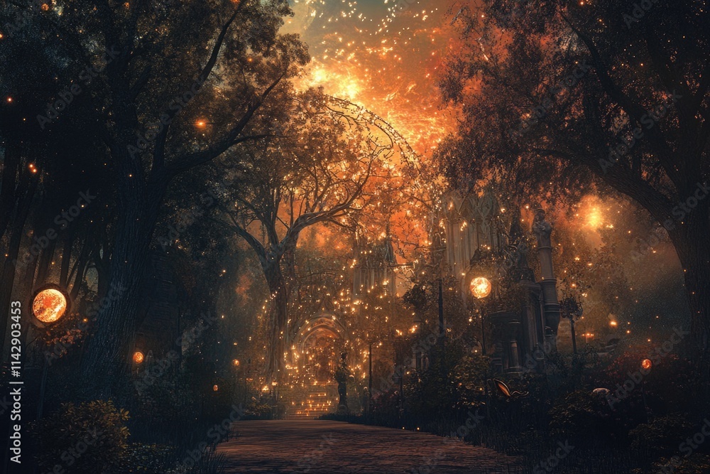 Poster A scenic path in a dark forest illuminated by many lights, perfect for use as a background or for a story about adventure and discovery