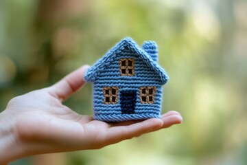 Human hand holds small crochet blue house. Arm Create secure environment for real estate via home. Insurance, safety, security for buildings. Photo