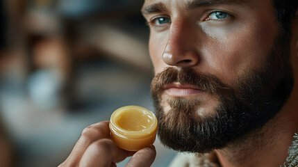 Fototapeta premium Man Grooming Beard with Premium Beard Balm and Care Products on Counter with Copy Space for Branding