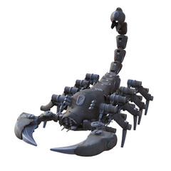 A scorpion complex robot on transparent background. 3D illustration of a mechanical creature. 