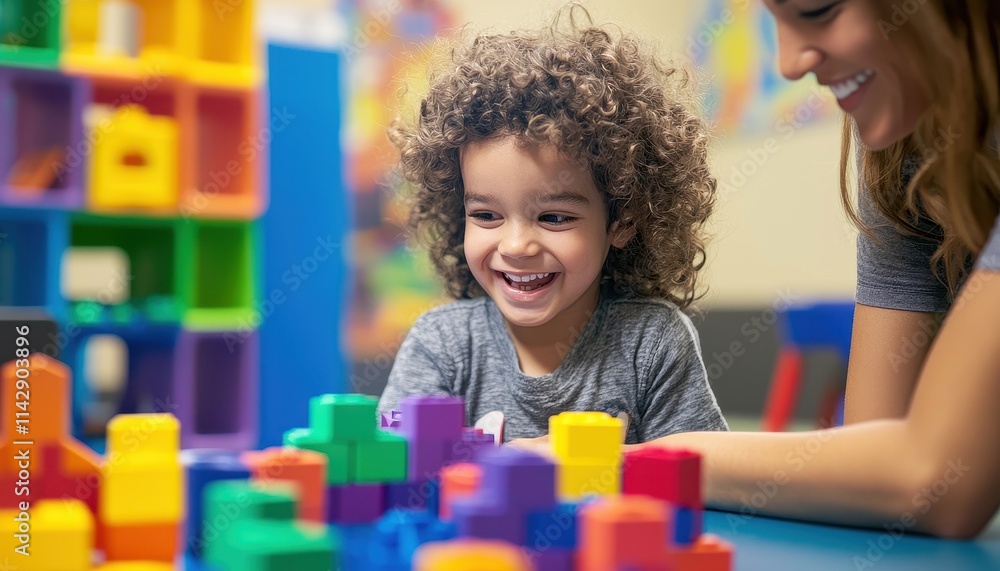 Aufkleber joyful child engaged in playful learning activity with colorful building blocks and attentive adult 