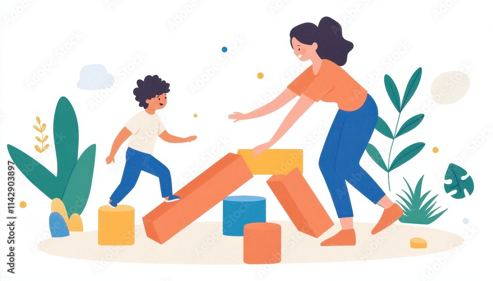 Poster engaging playtime between parent and child with colorful building blocks in a cheerful environment