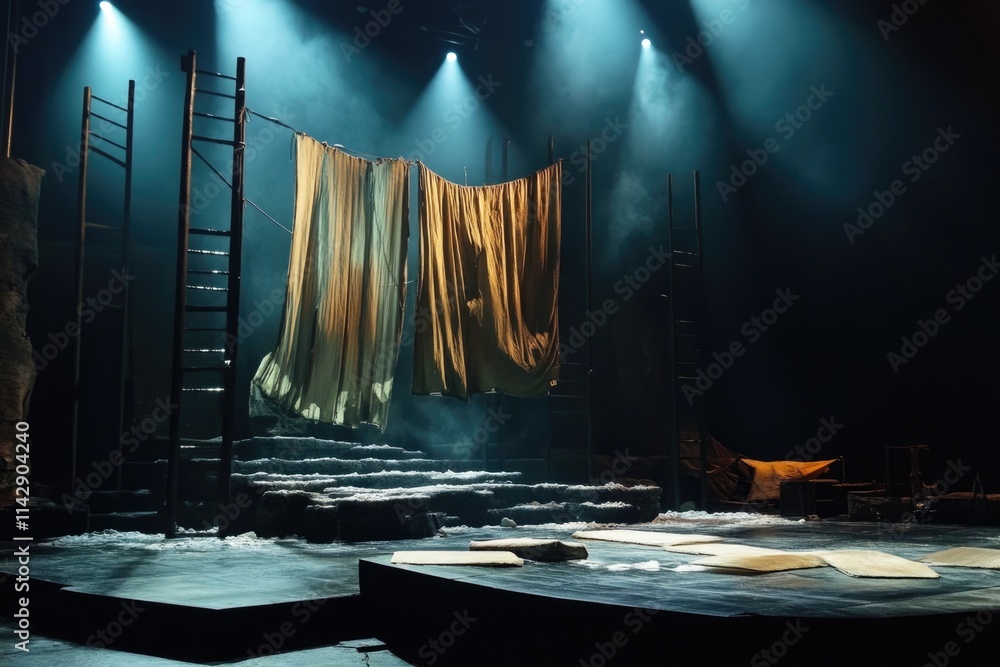 Poster a backstage area with a ladder and a curtain, suitable for theater or performance use