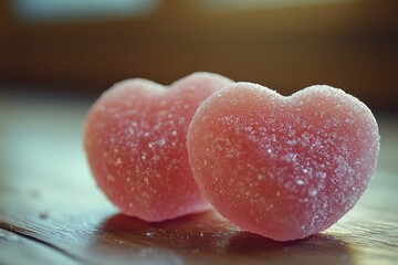 Fototapeta premium Two heart-shaped candies sitting on a wooden table