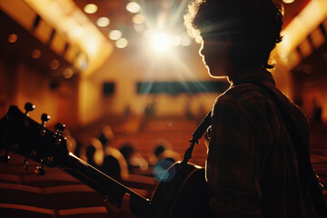 Obraz premium Young performer on stage under stage lights generative ai image