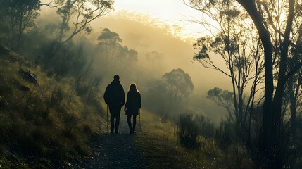 Couple Hiking Misty Forest Trail at Sunrise