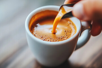 Pouring milk into a freshly brewed cup of coffee on a wooden table