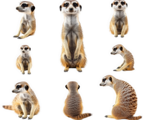 a collection of nine a meerkat in various poses the meerkat is captured in a variety of sitting and standing positions. providing a diverse range of angles and perspectives isolated on a transparent b