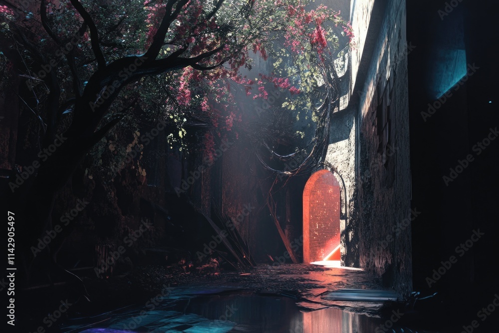 Poster a dimly lit alleyway with a prominent red door and a large tree looming in the background