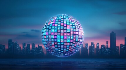 Obraz premium A vibrant digital globe with colorful panels, overlooking a modern city skyline at dusk.