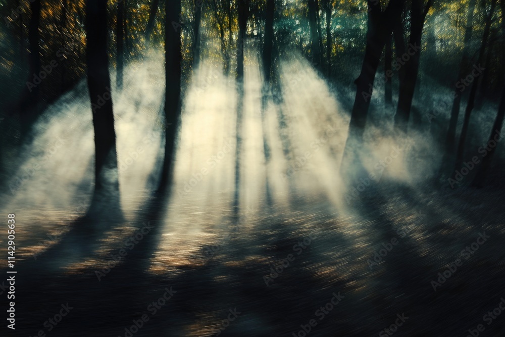 Poster a sunny day in a forest with dappled sunlight, highlighting the tree trunks and leaves