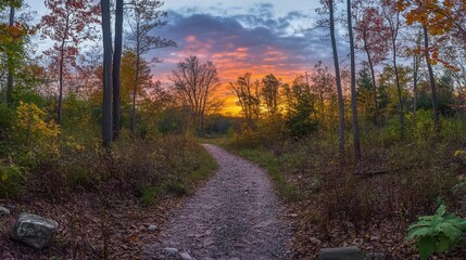 Obraz premium pathway through autumn woods, enveloped in vibrant fall foliage, leading towards a glowing sunset, embodying a sense of hope and natural beauty