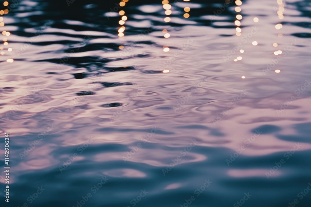 Poster a serene lake scene at night with lights in the background, suitable for use in nature or travel rel
