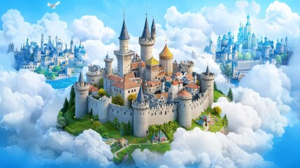 A majestic castle surrounded by clouds, evoking a sense of fantasy and wonder.