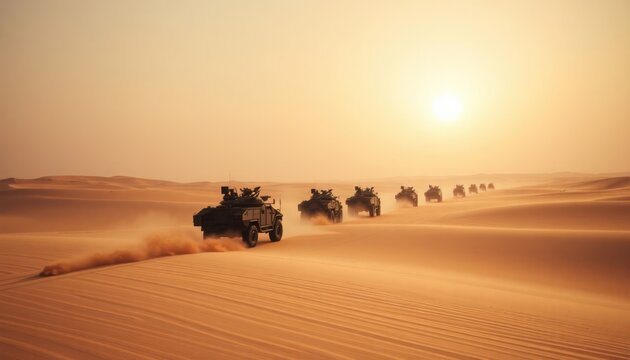 Armored military convoy moves across desert landscape under scorching sun. Vehicles leave dust trails. Tactical movement in arid terrain. Military operation expedition. Strategic journey in harsh