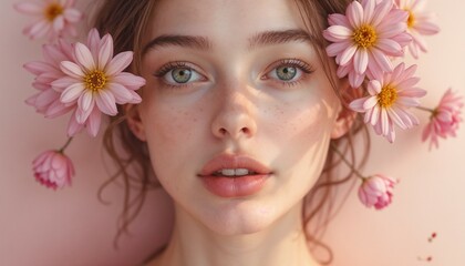 Young woman with fresh face and freckles surrounded by pink flowers against soft pastel background